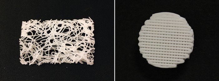 Credit: Environ. Sci. Technol.A new carbon-absorbing material can be extruded (left) or 3-D printed (right) into structures, providing a cheap and efficient way to purify biogas.