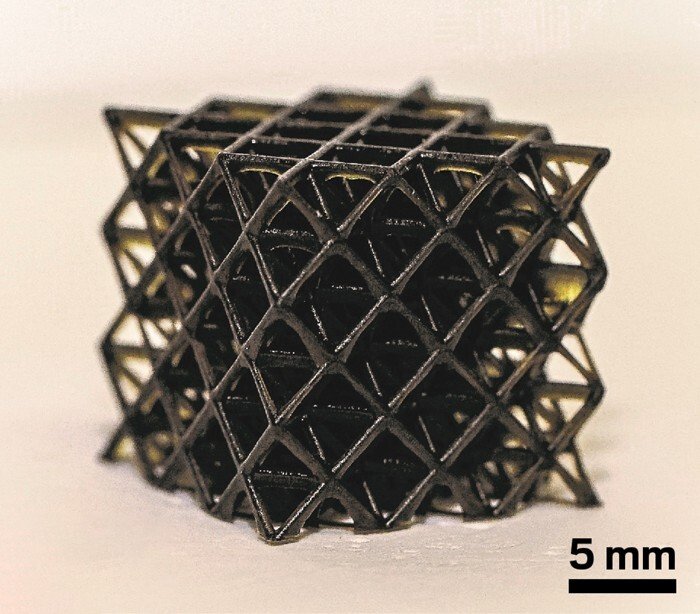 Using visible light, researchers could print a complex truss structure layer by layer from a liquid resin at speeds comparable to those of UV-light 3-D printers.